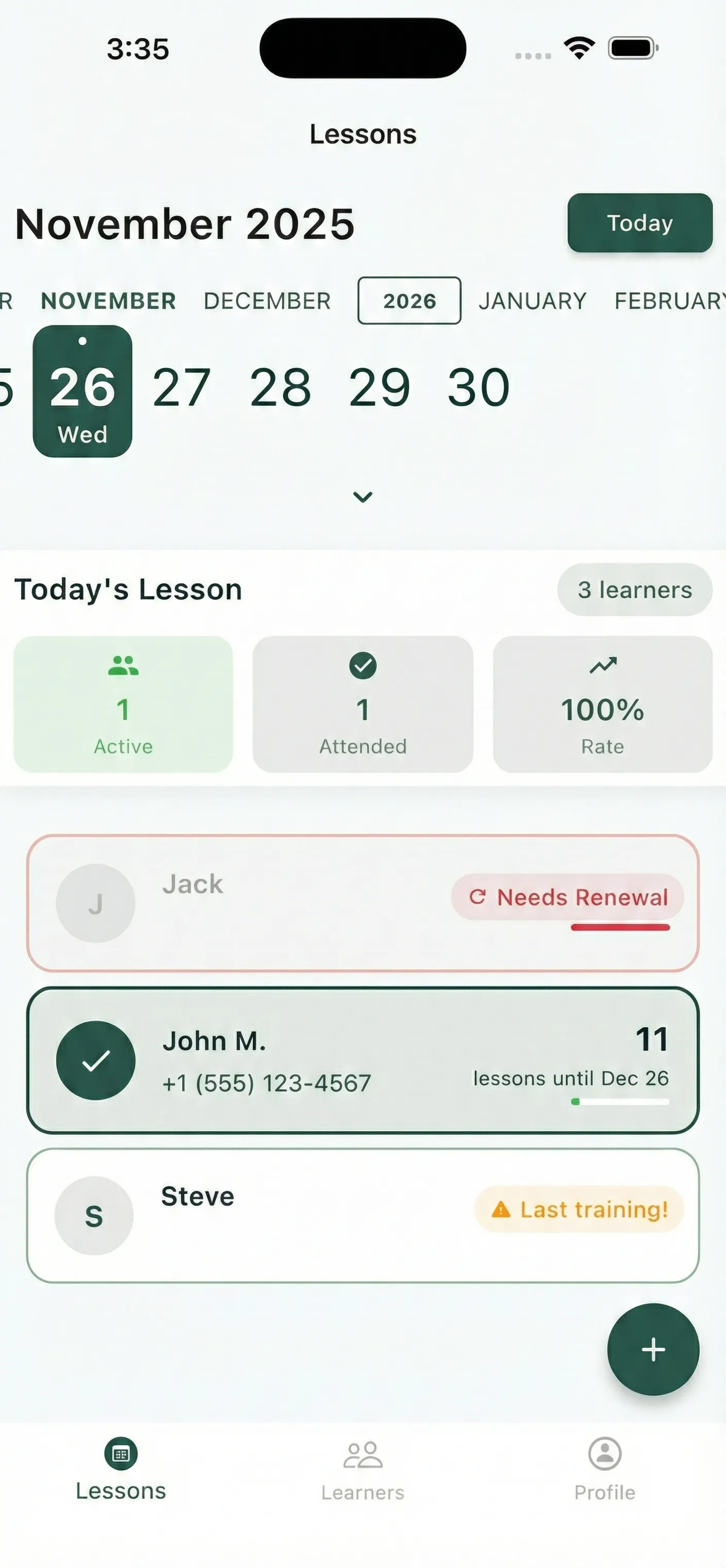 Coach Journal - Track today's lessons and attendance